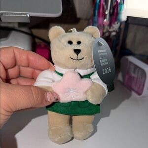 Starbucks Beige Bearista Plush Keychain with Green Apron and Pink Star